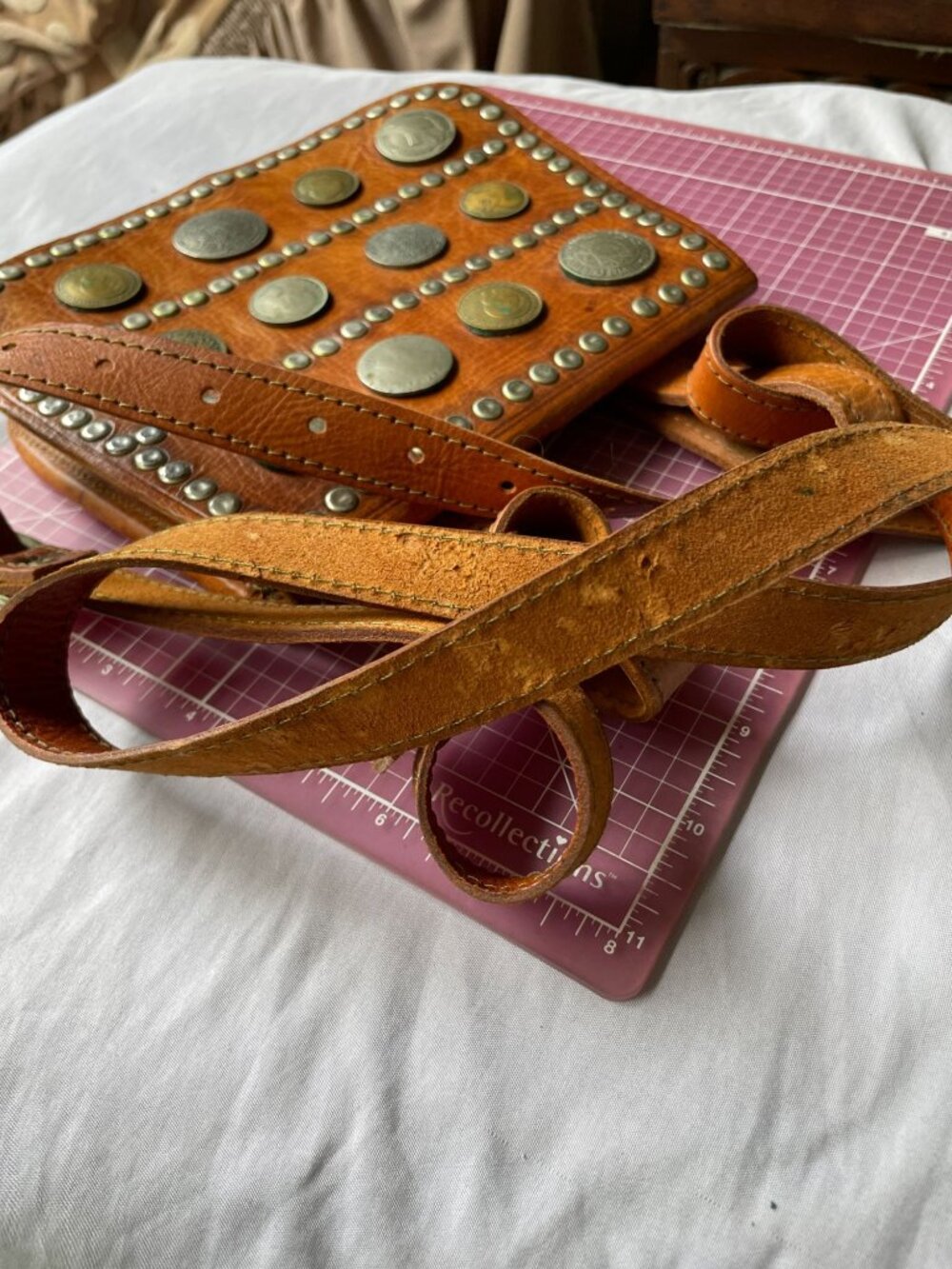 Vintage Moroccan Berber Leather Guerrab Bag Coin Studded Water Carrier 6x8 - Picture 14 of 14